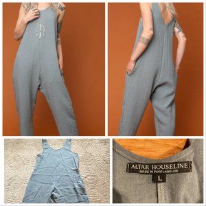 ALTAR (Portland) L Astoria Blue Houseline Jumpsuit Scoop Wide Leg Twill